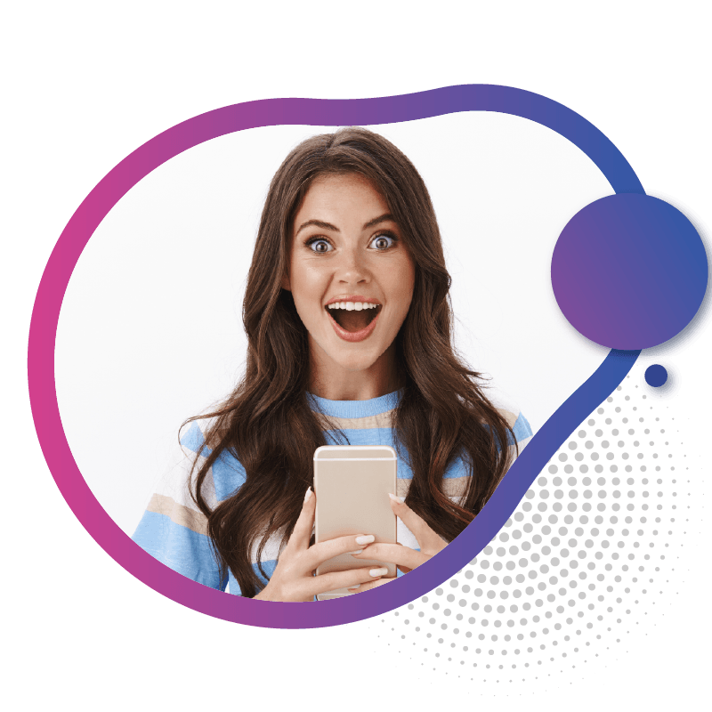 A women with long, wavy hair holds a smartphone in front of them, wearing a striped blue and white shirt,symbolizing the activation of 5G connectivity through eSIM technology in Australia