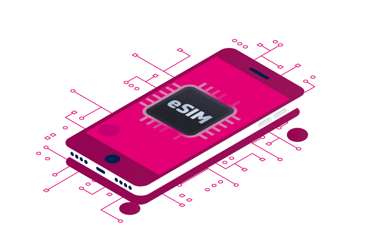 An illustration of a smartphone with a graphic showing an eSIM chip, surrounded by circuit patterns, highlighting the flexibility and modern convenience of eSIM prepaid plans in Australia