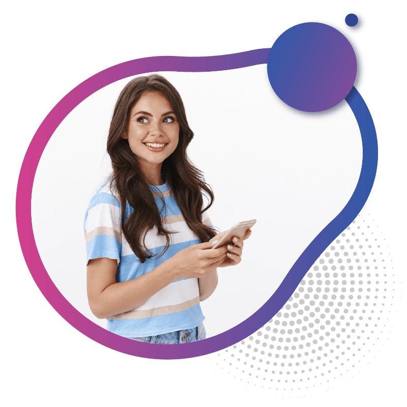A young woman in a blue striped shirt holds a smartphone, standing against a white background with colorful graphic borders, representing the seamless and modern digital mobile solution offered by eSIM technology in Australia