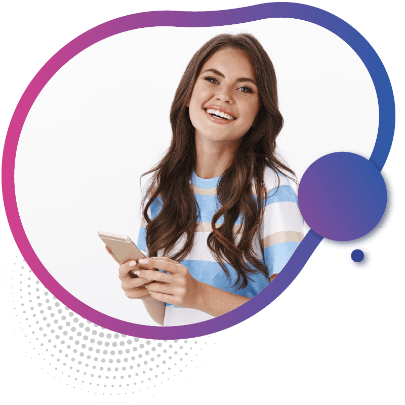 A person with long, wavy hair wears a striped blue and white shirt, holding a smartphone in their hands , symbolizing the next-generation mobile connectivity powered by eSIM technology in Australia.