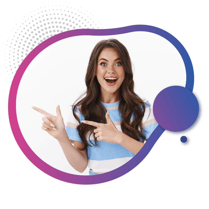 A person with long, wavy hair wears a blue and white striped shirt, gesturing with both hands in a playful manner, symbolizing the fun and easy connectivity provided by eSIM technology in Australia.
